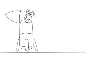 Continuous one line drawing Arabian businesswoman emerges from the tip of rocket looking for something with binoculars. Work smart for high company profit. Single line draw design illustration vector