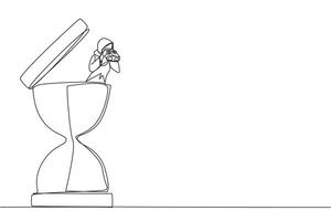 Single one line drawing Arab businesswoman emerges from hourglass look for something with binoculars. Sand on clock fall. Complete report before deadline. Continuous line design graphic illustration vector