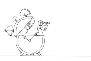 Single continuous line drawing Arab businesswoman emerges from alarm clock looking for something with binoculars. Prepare business files from now on. Don't delay. One line design illustration vector