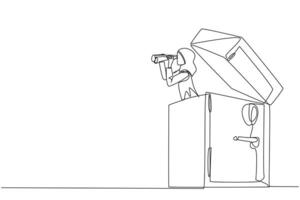 Single one line drawing Arab businesswoman emerges from safe deposit box looking for something with binoculars. Secure valuable objects in a trusted place. Continuous line design graphic illustration vector