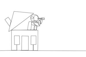 Single one line drawing young astronaut emerges from the miniature house looking for something through binoculars. Feeling homesick. Too long in space. Continuous line design graphic illustration vector