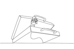 Single continuous line drawing Arab businesswoman emerges from briefcase look for something with binoculars. Preparing to move to a better business. Better place. One line design illustration vector