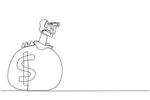 Continuous one line drawing Arab businesswoman emerges from money bag looking for something with binoculars. More concerned with saving than spending money. Single line draw design illustration vector