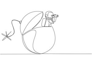 Single one line drawing astronaut emerges from bomb with burning fuse looking for something through binoculars. The expedition deadline will arrive soon. Continuous line design graphic illustration vector