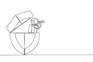 Single continuous line drawing the astronaut emerges from the shield looking for something with binoculars. Provides multiple layers for safe flights back to earth. One line design illustration vector