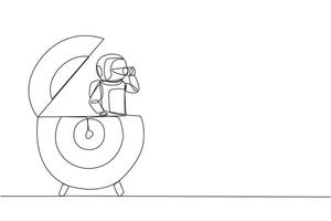 Continuous one line drawing astronaut emerges from arrow target board look for something with binocular. Invite to focus on observation to quickly return to earth. Single line draw illustration vector