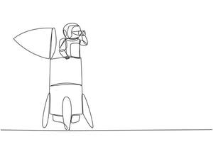 Single continuous line drawing astronaut emerges from the end of the rocket looking for something through binoculars. Check details before flying into the space. One line design illustration vector