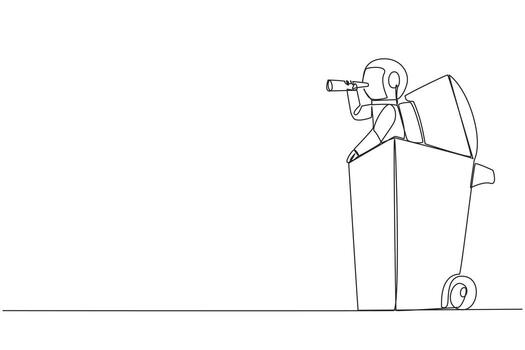 Single one line drawing astronaut emerges from wheeled bin looking for something with binoculars. Modernization of tools, making it easier for users to use. Continuous line design graphic illustration vector