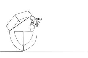 Single one line drawing a smart robot emerges from the shield looking for something through binoculars. Scan. Doing job. Securing web from hacker attacks. Continuous line design graphic illustration vector