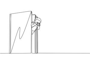 Single continuous line drawing astronaut emerges from old book looking for something with binocular. Read a book on the history of the first expedition to the moon. One line design illustration vector
