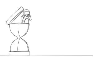 Continuous one line drawing astronaut emerges from hourglass looking for something through binoculars. Counting down to homecoming from a space expedition. Single line draw design illustration vector