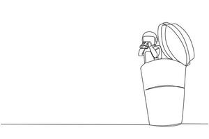 Single one line drawing astronaut emerges from paper cup look for something with binocular. Look for something relaxing. The expedition calm and controlled. Continuous line design graphic illustration vector