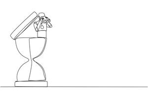 Single one line drawing a smart robot emerges from the hourglass looking for something through binoculars. Scan. Analyze time. The deadline coming soon. Continuous line design graphic illustration vector