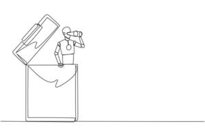 Single continuous line drawing a smart robot emerges from the clipboard looking for something through binoculars. Scan. Analyzing forms. Continuing business report. One line design illustration vector