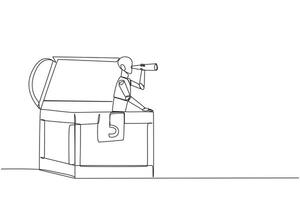 Single continuous line drawing a smart robot emerges from the treasure chest looking for something through binoculars. Scan. Analyze the findings. Rich robot. One line design illustration vector