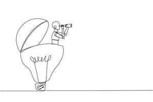 Continuous one line drawing a robot emerges from lightbulb looking for something with binoculars. Scan. Analyzing opinions. Business brilliance is needed. Single line draw design illustration vector
