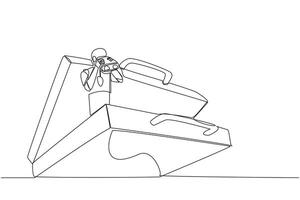 Single continuous line drawing a smart robot emerges from the briefcase looking for something through binoculars. Scan. Analyzing client reports. Give the best. One line design illustration vector