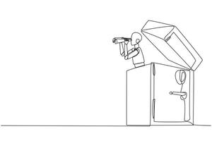 Single one line drawing a smart robot emerges from safe deposit box looking for something with binoculars. Scan. Analyzing security. Advanced requirements. Continuous line design graphic illustration vector