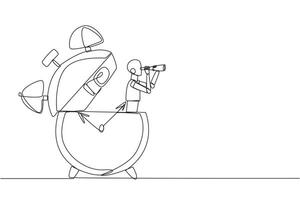 Single continuous line drawing smart robot appears from the alarm clock looking for something through binoculars. Alarm robot. Reminder robot. New technology clock. One line design illustration vector