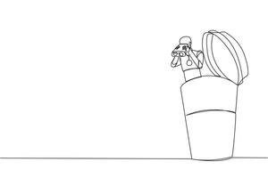 Single one line drawing a smart robot emerges from paper cup looking for something through binoculars. Scan. Analyze how good fast food drinks are. Rating. Continuous line design graphic illustration vector