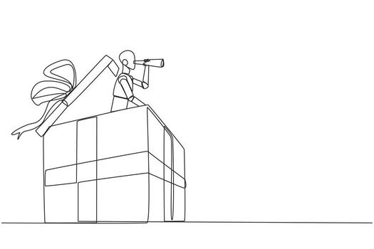 Single one line drawing a robot emerges from gift box looking for something through binoculars. Scan. Analyze business performance. It's time to give gifts. Continuous line design graphic illustration vector