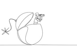 Single continuous line drawing a smart robot emerges from bomb with burning fuse looking for something with binoculars. Scan. Analyze the level of danger. Deadline. One line design illustration vector