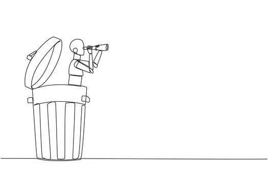 Continuous one line drawing a robot emerges from trash bin looking for something through binocular. Scan. Analyze recyclable materials. Environmental care. Single line draw design illustration vector