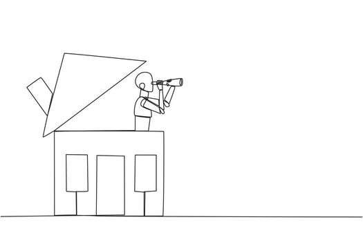 Continuous one line drawing a smart robot emerges from the miniature house looking for something through binoculars. Scan. Analyze needs. Future smart home. Single line draw design illustration vector