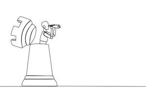 Continuous one line drawing a robot emerges from the rook chess pieces looking for something with binoculars. Scan. Analyzing strategy. Execute the mission. Single line draw design illustration vector