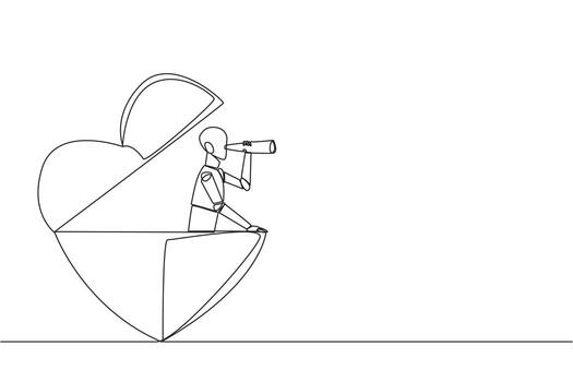 Single one line drawing a robot emerges from shape of a heart look for something with binoculars. Scan. Analyzing social sensitivity. Unfair business. Continuous line design graphic illustration vector