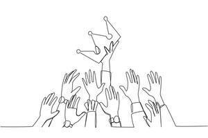Single continuous line drawing hands fighting for the crown. Fighting for power with each other. Utilizing position inappropriately. Negative impact. Improperly. One line design illustration vector