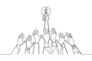 Single one line drawing hands fighting over coins with dollar symbols. Fight for small investments that are easy to hold into for old age when retirement. Continuous line design graphic illustration vector