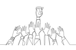Single continuous line drawing hands fighting over the paper cup. Hands that struggle persistently to quench thirst. Success must be achieved as soon as possible. One line design illustration vector
