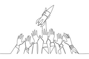 Single one line drawing hands fighting over small rocket. Metaphor for sharing profits through opening new business. Fighting for position. Doing anything. Continuous line design graphic illustration vector