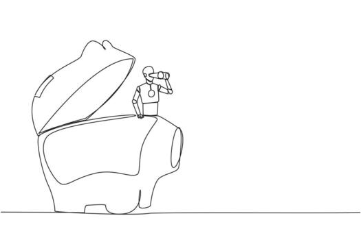 Continuous one line drawing a smart robot emerges from a piggy bank looking for something through binoculars. Scan. Analyze daily needs in order to save. Single line draw design illustration vector