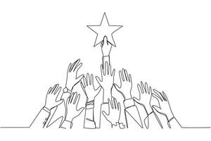 Continuous one line drawing hands fighting over shape of a star. Metaphor of fighting persistently to achieve a dream. Dreams of business success come true. Single line draw design illustration vector