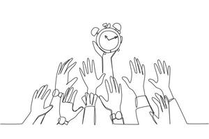 Single continuous line drawing hands fighting over alarm clock. Able to carry out big responsibilities well. Complete obligations before the deadline. Responsible. One line design illustration vector