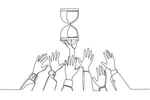 Single continuous line drawing hands fighting over the hourglass. Fighting over an antique clock. Very ambitious to be able to have it. Collector of vintage items. One line design illustration vector
