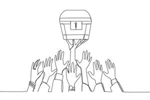 Continuous one line drawing hands fighting over the treasure chest. Big profits are in grasp. Struggle for profits by employees. Profits requires luck. Single line draw design illustration vector