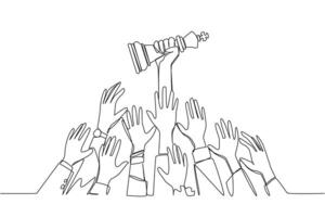 Single continuous line drawing hands fighting over the king's chess piece. The metaphor of approaching a king or ruler. Getting profits makes business easier. One line design illustration vector