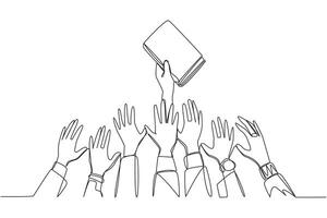 Single one line drawing hands fighting for book. Recipe for success has been shared. Fight to get it. Smart way to do business. Everyone can be successful. Continuous line design graphic illustration vector