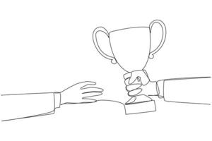 Single one line drawing hand gives a trophy to colleague. Success in developing a jointly produced business. Great partners who make business even greater. Continuous line design graphic illustration vector