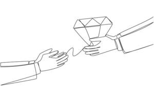 Continuous one line drawing a hand gives diamonds to its partner. A very valuable object and difficult to obtain. Make sacrifices for business progress. Single line draw design illustration vector
