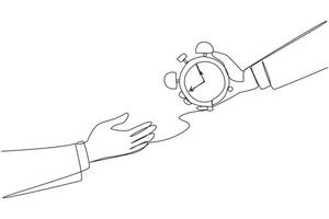 Single one line drawing hand gives alarm clock to colleague. Submit difficult assignments so as not to miss deadline. Share tasks to keep business running. Continuous line design graphic illustration vector