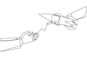 Single continuous line drawing a businessman's hand gives rocket to colleague. Put full trust in managing overseas business branches. Trust will produce results. One line design illustration vector