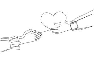 Single one line drawing a hand gives a heart shape to its partner. Fall in love. Ready to give heart and soul. Invitation to get married. Romantic couple. Continuous line design graphic illustration vector