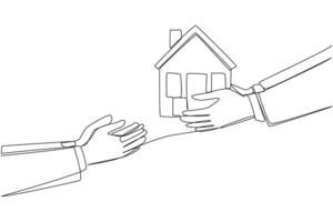 Single one line drawing hand gives miniature house. Make home as a business collateral. Step that is difficult to accept with common sense. Responsible. Continuous line design graphic illustration vector