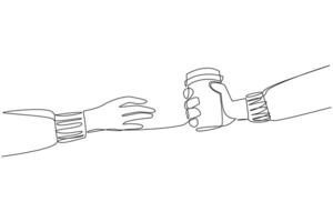 Continuous one line drawing a hand gives a paper cup. Buying a cup of warm coffee will increase the concentration. Drinking warm tea can relax the body. Single line draw design illustration vector