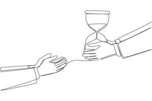 Single one line drawing a hand gives hourglass to colleague. The countdown begins. Agreement reached. Work must not exceed the deadline. Time management. Continuous line design graphic illustration vector