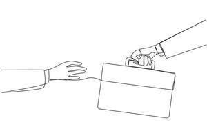 Continuous one line drawing a hand gives a briefcase to colleague. Continuing the business trip marathon. Many places to visit. Huge profits well deserved. Single line draw design illustration vector